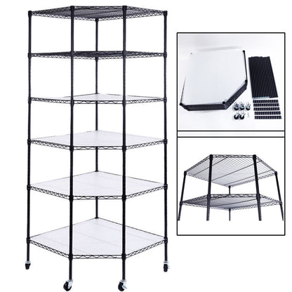 Bonnlo 6-Tier Rolling Heavy Duty Commercial Polygonal Corner Shelf Wire Shelving Unit Adjustable Storage Rack Free Standing Garage with 5 Wheels 26 4/5" L x 26 4/5" W x 71" H Inches (Black)