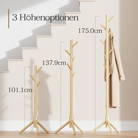 Pipishell Coat Rack Sturdy Wooden Coat Rack Stand, Adjustable Coat Tree, Free Standing Tree Hanger with 4 Sections & 8 Hooks, for Home/Bedroom/Office/Hallway/Entryway Pipishell