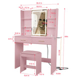 QUALIKRAFT Vanity Set with Mirror and Stool and Lights, Vanity Desk with Mirror & Power Outlet, Vanity Desk with Drawers, Pink Vanity with Lighted Mirror, Dressing Table Set with 2 Large Drawers QUALIKRAFT