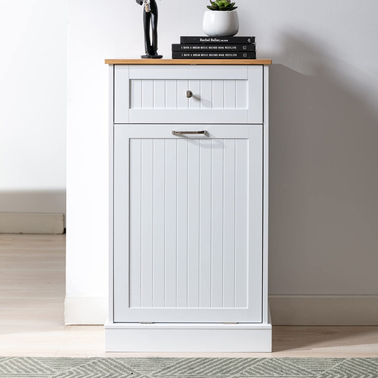 Trash Cabinet Tilt Out Freestanding, Pet Proof Kitchen Trash Cabinet Laundry Hamper with Cutting Board, Wood Garbage Recycling Station Hideaway Trash Holder Drawers (1, White) Gitua