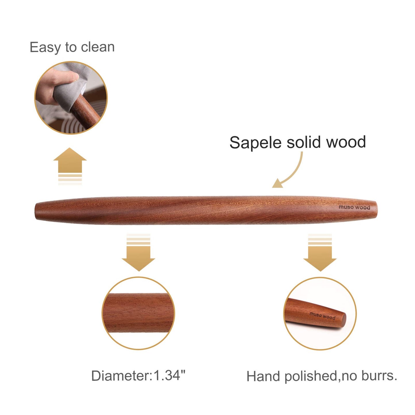 Muso Wood Sapele Wooden French Rolling Pin for Baking, Tapered Roller for Fondant, Pie Crust, Cookie, Pastry (French 15-3/4inch)