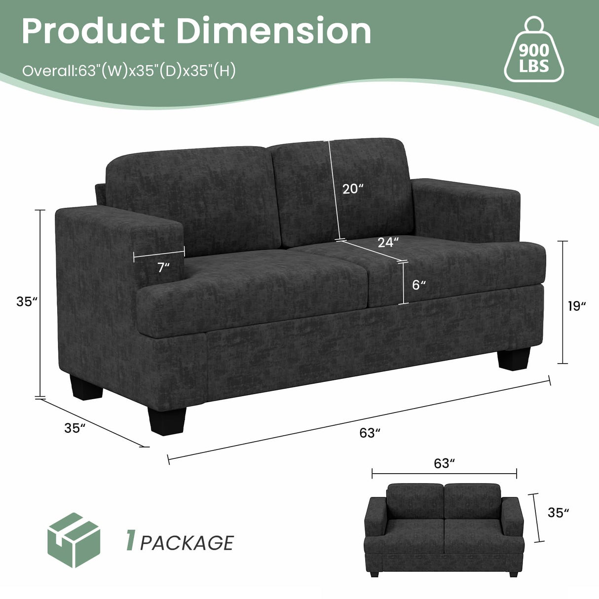 Fiona's magic 5 Seats Sofa Couch Set, 2 Piece Set Comfy Sofa Couch, 3 Seater & Loveseat Sofa with Deep Seats, Couch for Living Room, Modern Sleeper Couch, Black Chenille Fiona's magic