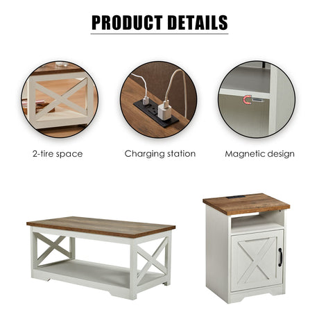 AMERLIFE 5-Piece Farmhouse Table Set Includes Fireplace TV Stand, Coffee Table& Two End Tables with Charging Station and USB Ports, for Living Room, Distressed White, 63" AMERLIFE