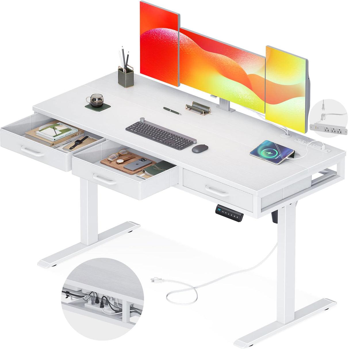 AODK Electric Standing Desk with Drawers, 55 Inch Height Adjustable Desk with Power Outlets, Sit Stand Table, Writing Computer Desk for Home, Office, Workstation, White AODK