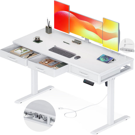 AODK Electric Standing Desk with Drawers, 55 Inch Height Adjustable Desk with Power Outlets, Sit Stand Table, Writing Computer Desk for Home, Office, Workstation, White AODK
