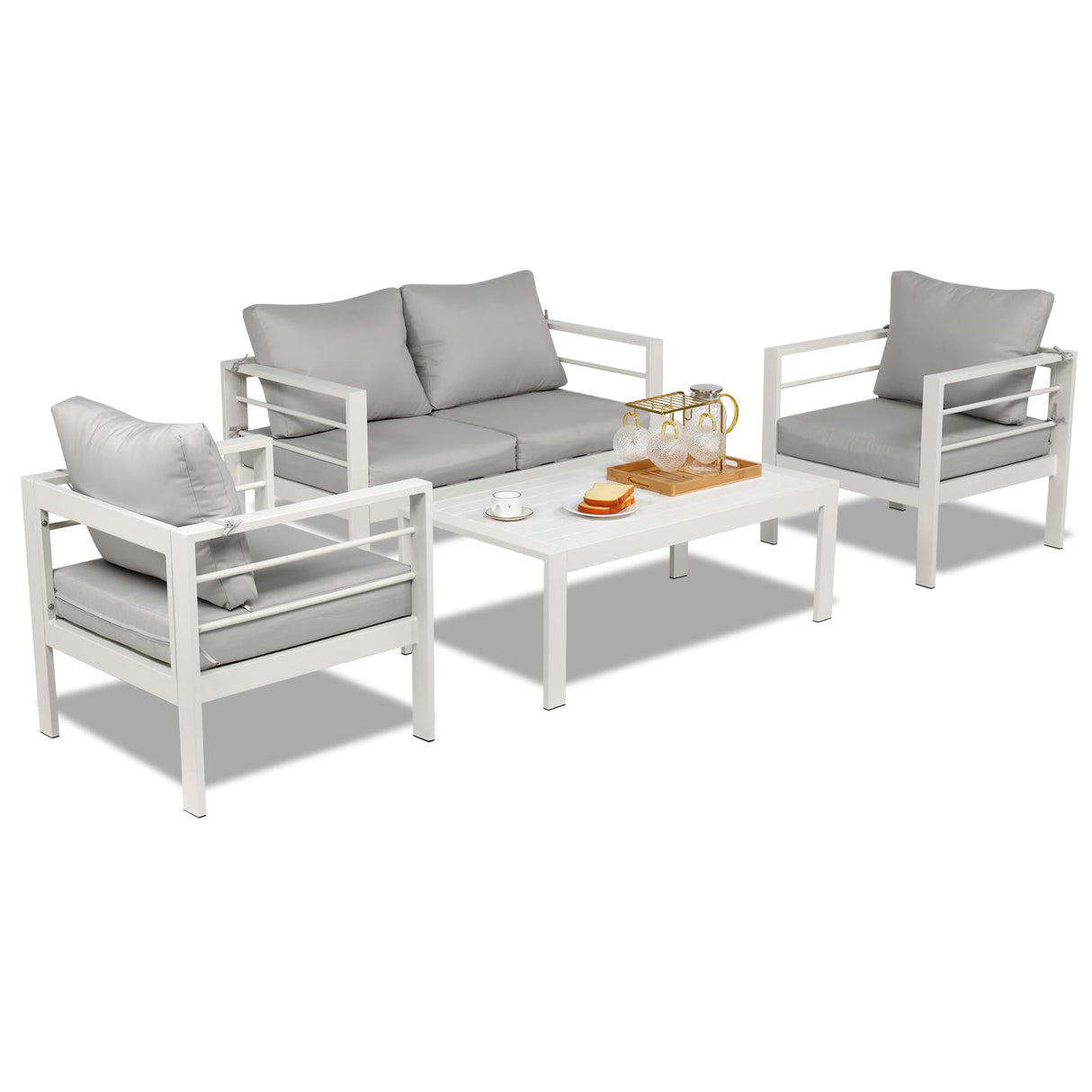 VINGLI Outdoor Furniture 4 Pieces Modern Aluminum Patio Furniture Set, Patio Sofa Set Outdoor Patio Conversation Sectional Set for Lawn, Garden, Backyard (White) VINGLI