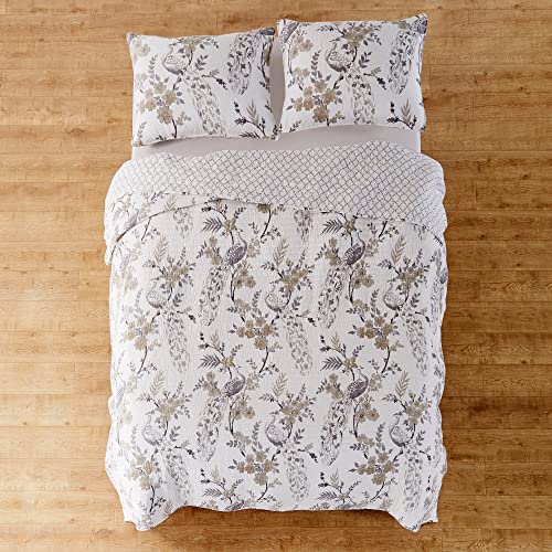 Levtex Home Pisa Reversible Full/Queen Quilt Set (88x92in) with 2 Pillow Shams (26x20in) - Floral Peacock - Grey, Taupe - 100% Cotton Full/Queen Size Quilt Bedding Set - Lightweight, Soft, Pre-Washed Levtex Home