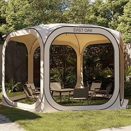 East Oak Screen House Tent Pop-Up, Portable Screen Room Canopy Instant Screen Tent 12 x 12 FT with Carry Bag for Patio, Backyard, Deck & Outdoor Activities, Beige EAST OAK