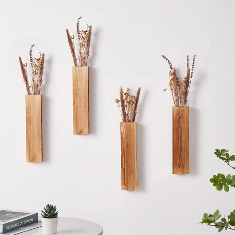 Mokof Wall Planters, Wood Wall Decor for Bedroom and Living Room, Modern Farmhouse Wooden Pocket Vases for Dried Flowers and Faux Greenery (Brown, 4 Mokof