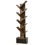 Giantex Tree Bookshelf with Drawer, 10 Shelf Space Saving Rustic Brown Wooden Bookcase, Freestanding Retro Wood Storage Rack, Decorative Bookshelf with Storage Giantex