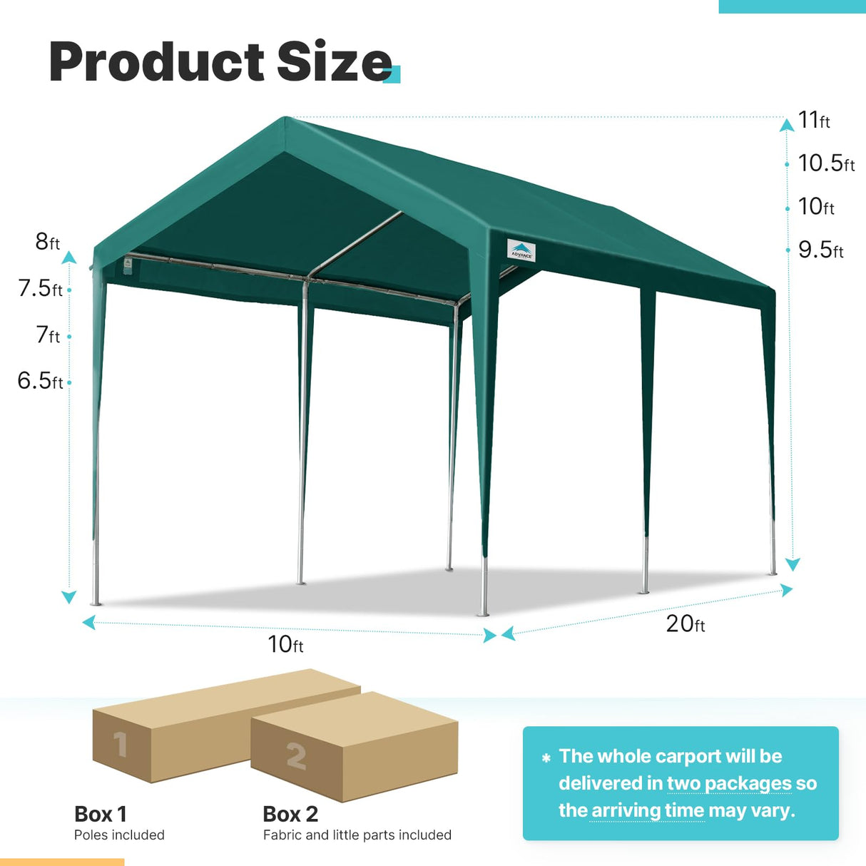 ADVANCE OUTDOOR 10x20 ft Carports Heavy Duty Car Canopy Garage Party Tent Boat Shelter, Adjustable Height from 9.5 ft to 11 ft, Green ADVANCE OUTDOOR