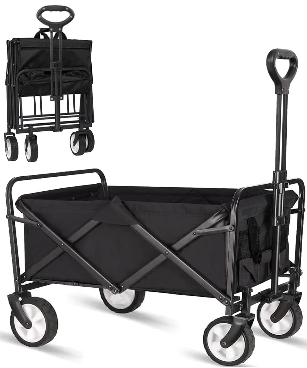 Collapsible Folding Outdoor Utility Wagon, Beach Wagon Cart with All Terrain Wheels & Drink Holders, Portable Sports Wagon for Camping, Shopping, Garden and Beach (Black/1 Year Warrant)