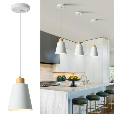 LAMKNVS Mini Pendant Light Fixtures White Wood Pendant Lighting for Kitchen Island 7.87in Cone Modern Ceiling Hanging Lights Hollow Shade Nordic Island Light for Counter, Bar, Hallway LAMKNVS