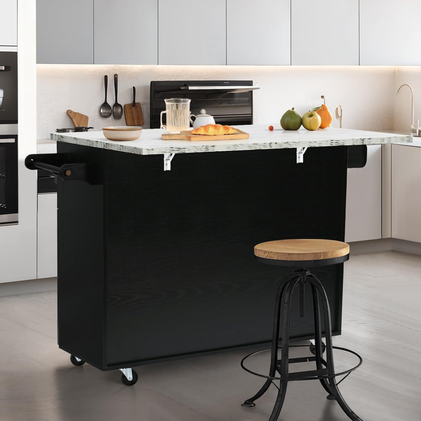 4 EVER WINNER Kitchen Island with Storage, White Marble Tabletop, Rolling Kitchen Island Cart on Wheels with Drop Leaf Breakfast Bar, Island Table for Kitchen with Towel Rack & Spice Rack, Black