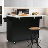 4 EVER WINNER Kitchen Island with Storage, White Marble Tabletop, Rolling Kitchen Island Cart on Wheels with Drop Leaf Breakfast Bar, Island Table for Kitchen with Towel Rack & Spice Rack, Black 4 EVER WINNER