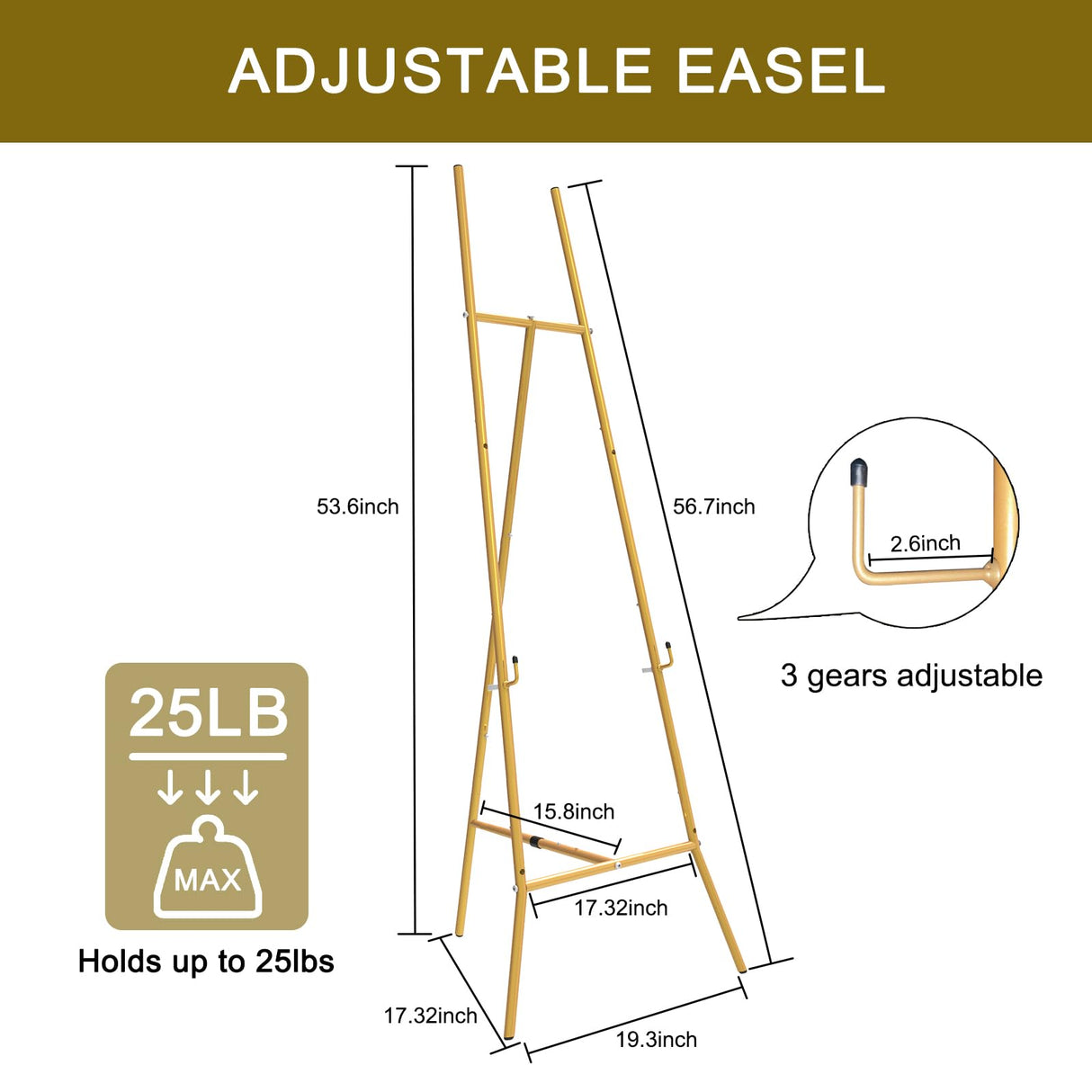 Gold Easel Stand for Sign - Heavy Duty Metal Freestanding Adjustable Display Stand (3-Tier), Large Professional Easel for Paintings, Artwork & Commercial Displays, Durable Exhibition Easel Semoprus