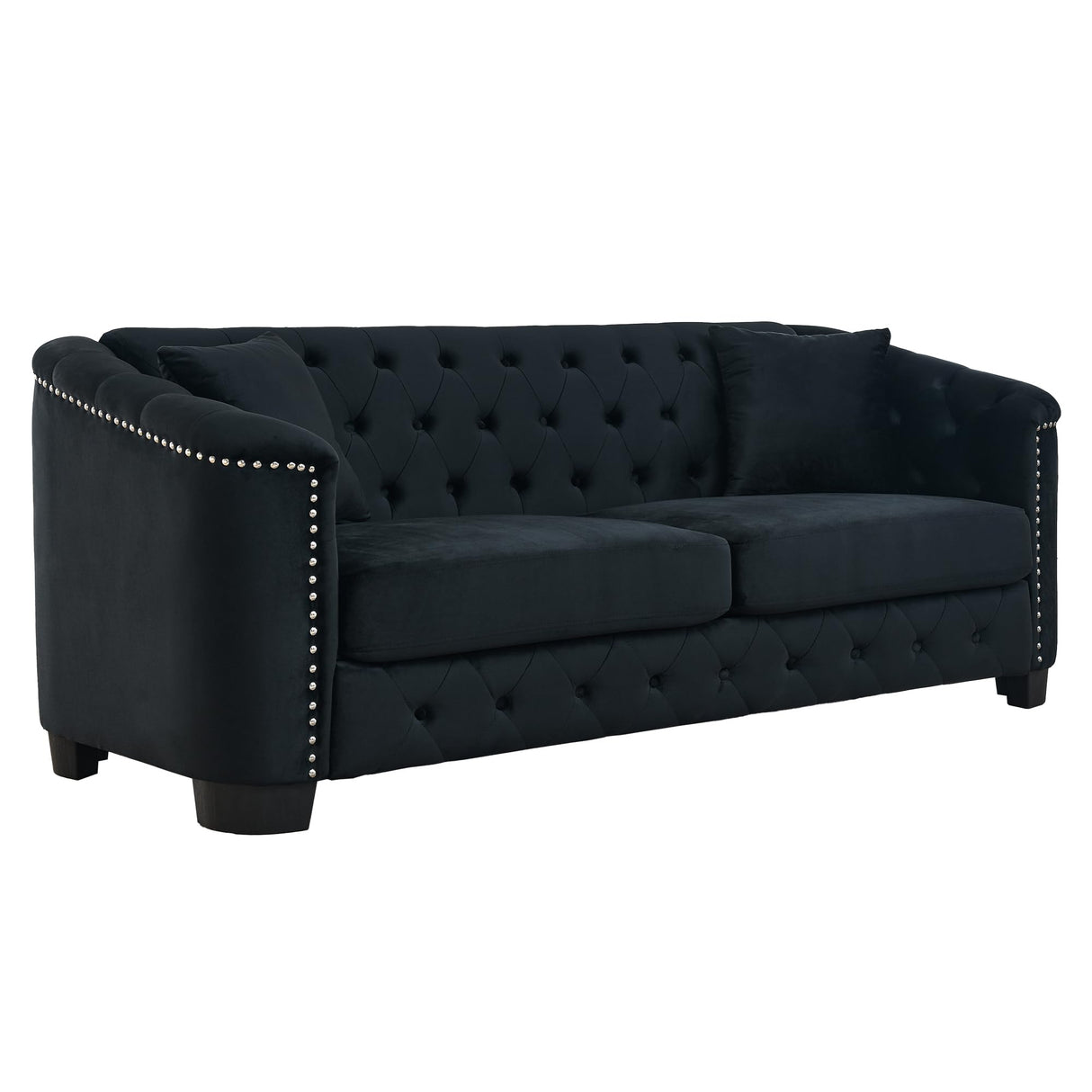 mikibama Modern Chesterfield Velvet Sofa, 77 Inch Sectional Sofa, Luxury 3 Seater Upholstered Tufted Couch with Nailhead Arms and 2 Pillows for Living Room, Bedroom, Apartment(Black) mikibama