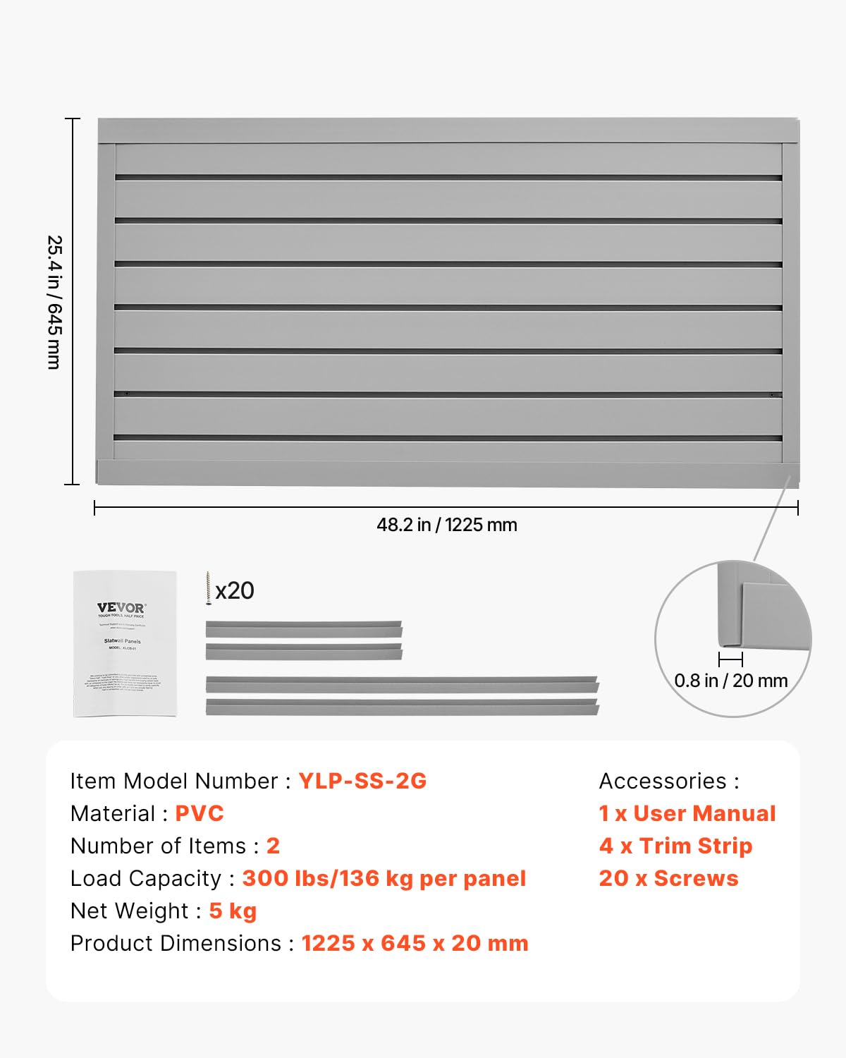 VEVOR Slat Wall Paneling, 2 x 4 ft, PVC Garage Slatwall with Modular Design, Grey Slat Wall Easy-to-Install Adjustable Slatwall Panel with Coupling Structure & DIY Cutting, Fits for Storage & Display VEVOR