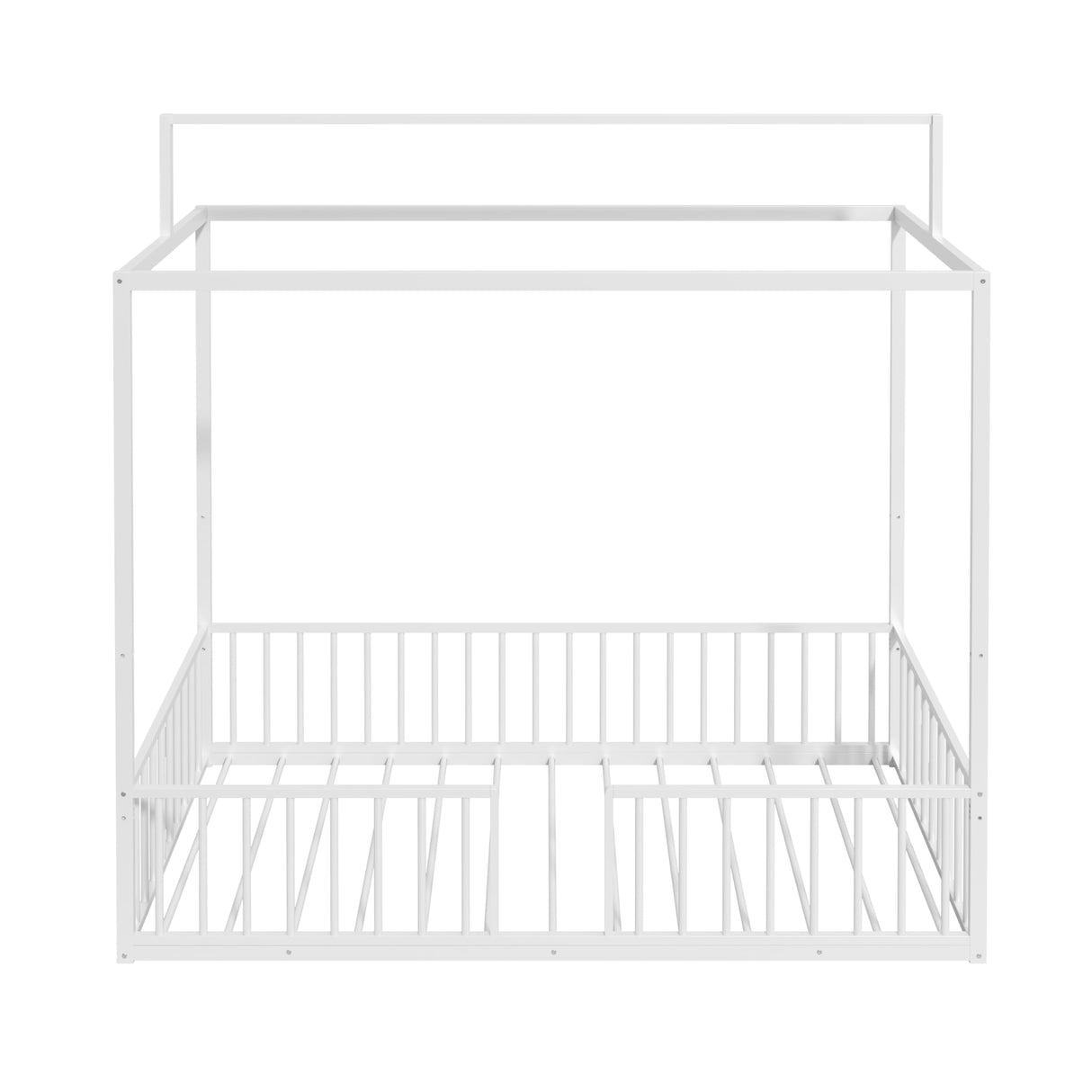 SOFTSEA 3-in-1 Convertible Twin Montessori Floor Bed, Twin Size Metal Canopy Bed with Metal Slats Support for Kids Teens, Adjustable Slats & Fence Guardrails, White SOFTSEA