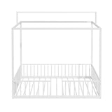 SOFTSEA 3-in-1 Convertible Twin Montessori Floor Bed, Twin Size Metal Canopy Bed with Metal Slats Support for Kids Teens, Adjustable Slats & Fence Guardrails, White SOFTSEA