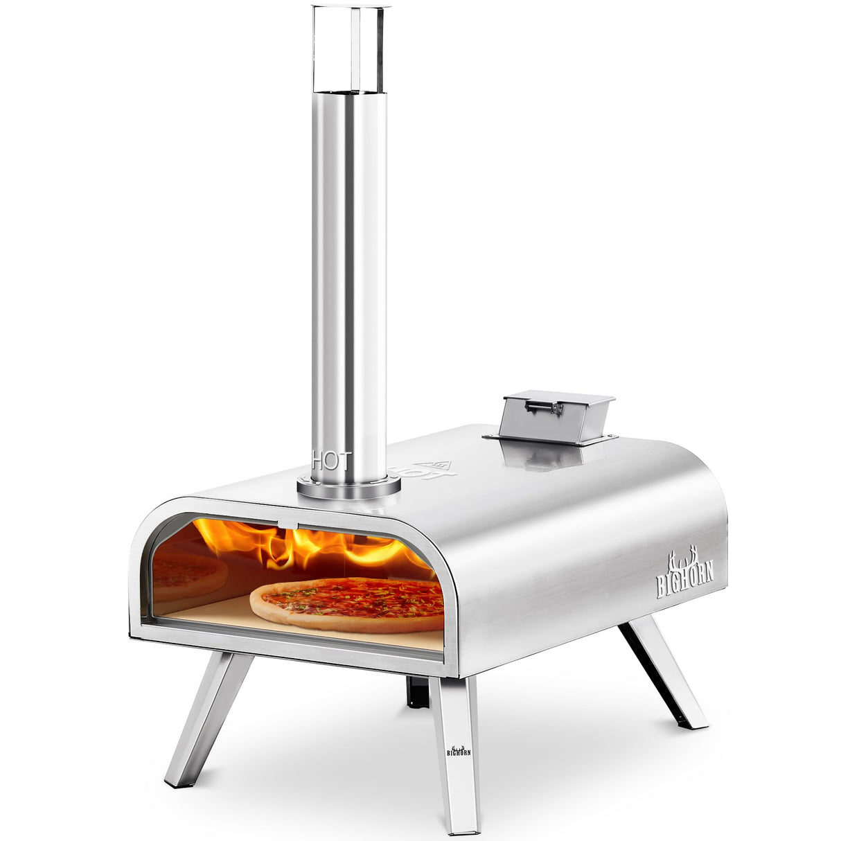 BIG HORN OUTDOORS 16 Inch Wood Pellet Burning Pizza Oven Pellet Pizza Stove, Portable Stainless Steel Pizza Oven with Pizza Stone for Outdoor Backyard Pizza Maker Garden Kitchen BIG HORN OUTDOORS