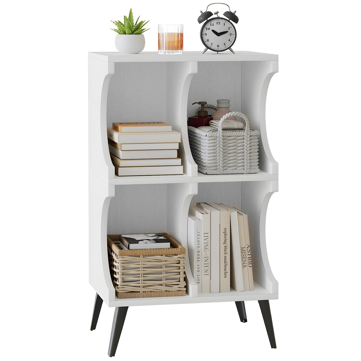 Aenuert White 4-Cube Open Bookshelf - Modern Wooden Storage Cabinet for Living Room, Bedroom, and Office Aenuert