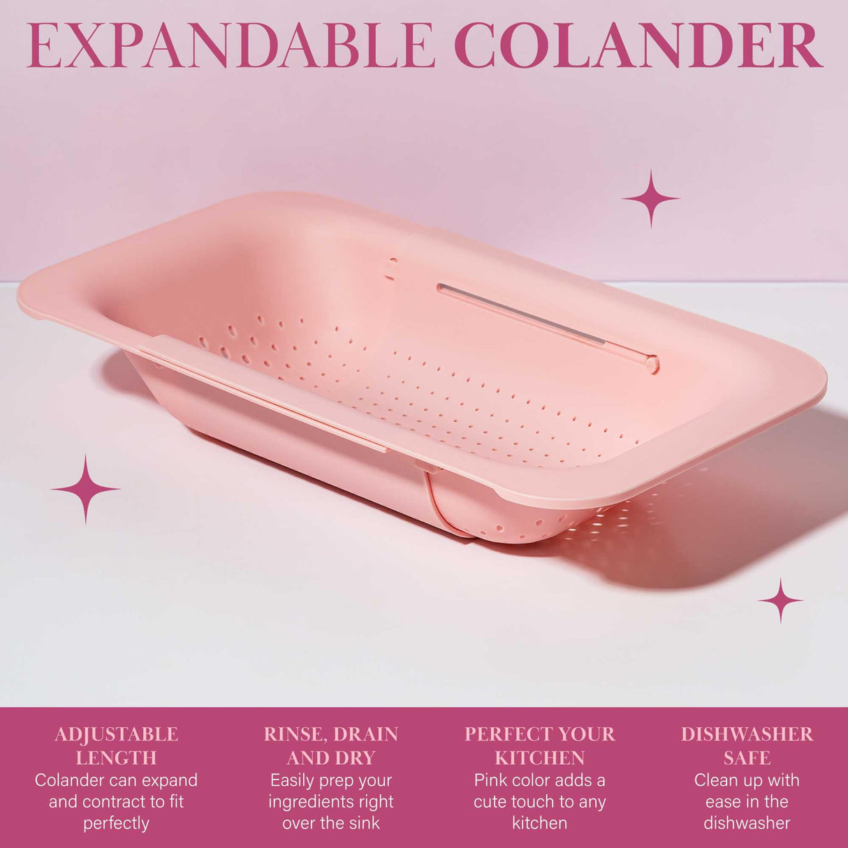 Paris Hilton Over the Sink Expandable Colander, Extendable Strainer, Adjustable from 14.5 inches to 19.5 inches, Fits most kitchen sinks, Made without BPA, Pink Paris Hilton