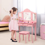Costzon Kids Wooden Vanity Table & Stool Set, 2 in 1 Detachable Design with Dressing Table and Writing Desk, Princess Makeup Dressing Table with Two 180° Folding Mirror, for Girls, Kids (Pink) Costzon