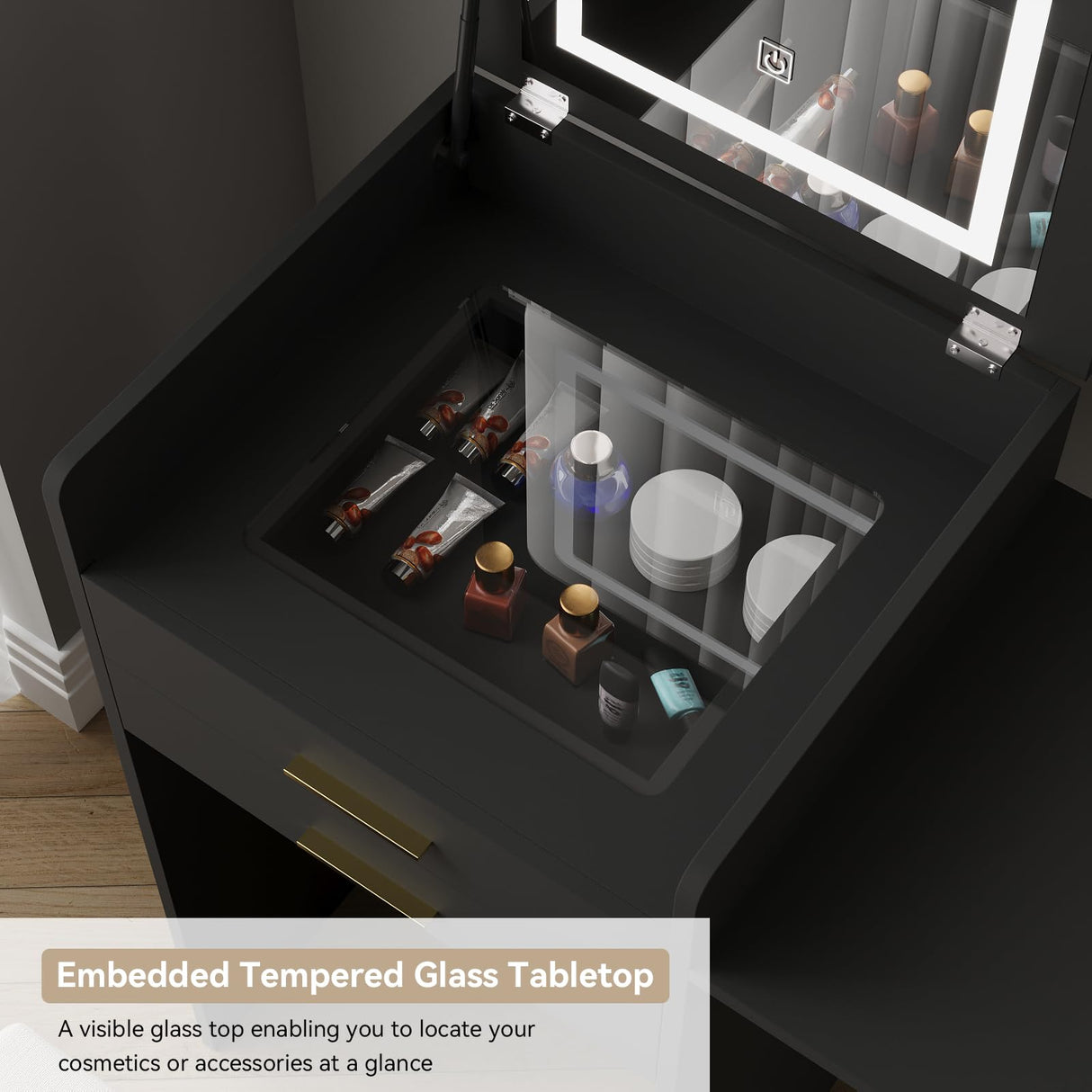 ARTETHYS Small Vanity Desk Set with Flip-top Mirror and Lights Black Integrated 3 in 1 Makeup Table for Small Space Compact Mini Dressing Table with Fold-up Panel and Storage Chair for Bedroom ARTETHYS