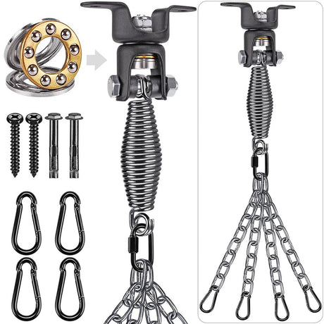 BeneLabel Heavy Duty Boxing Punching Bag Hanger Chain with Spring, 350 LB Capacity, 360° Rotation Wood Beam Holder with 4 Chains and 4 Carabiners, 2 Hexagon Wood Screws and 2 Expansion Screws. BeneLabel