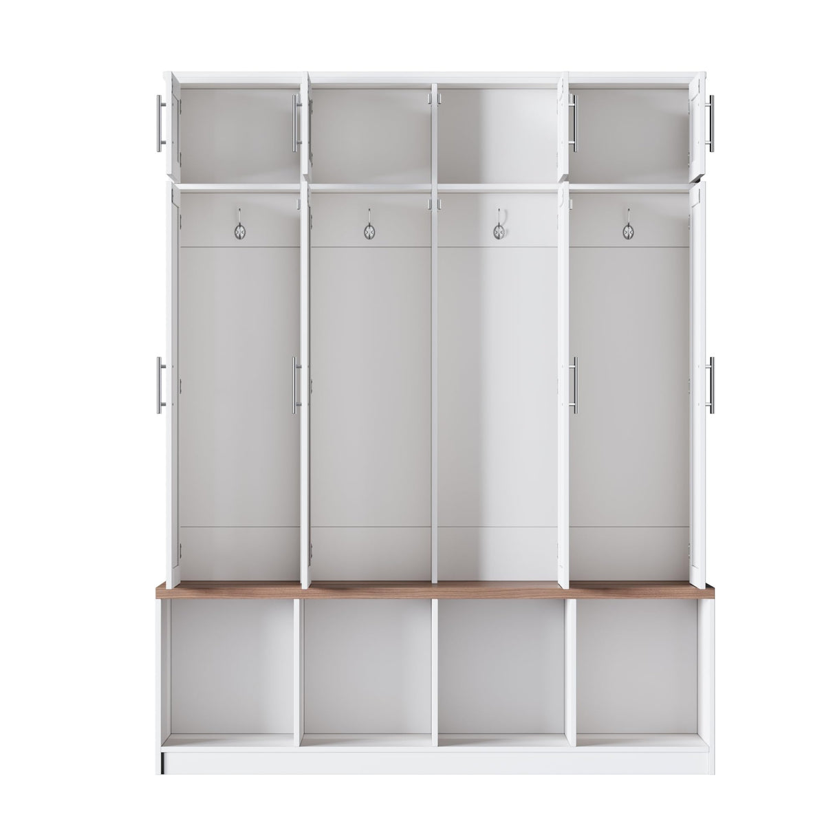 Merax Hall Tree with Entryway Bench and Shoe Cabinet, Multi-Functional Seating Bench with 4 Hanging Hooks and 8 Doors, White Merax