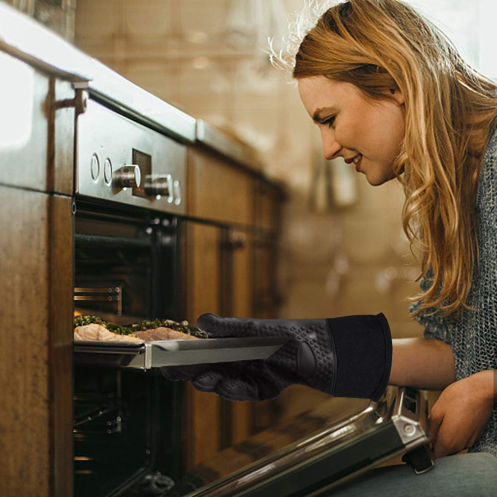 Comsmart BBQ Gloves, Heat Resistant Silicone Grilling Gloves, Long Waterproof BBQ Kitchen Oven Mitts with Inner Cotton Layer for Barbecue, Cooking, Baking, Smoker(Black) Comsmart