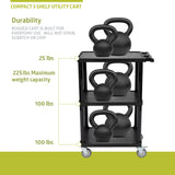 Pearington 3-Tier Compact Multi-Purpose Plastic Utility Cart with Lockable Wheels up to 300LBS, Black Pearington