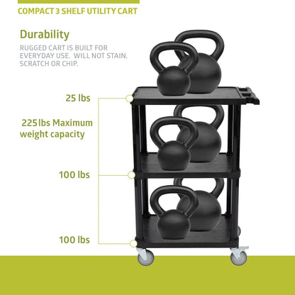 Pearington 3-Tier Compact Multi-Purpose Plastic Utility Cart with Lockable Wheels up to 300LBS, Black - WoodArtSupply