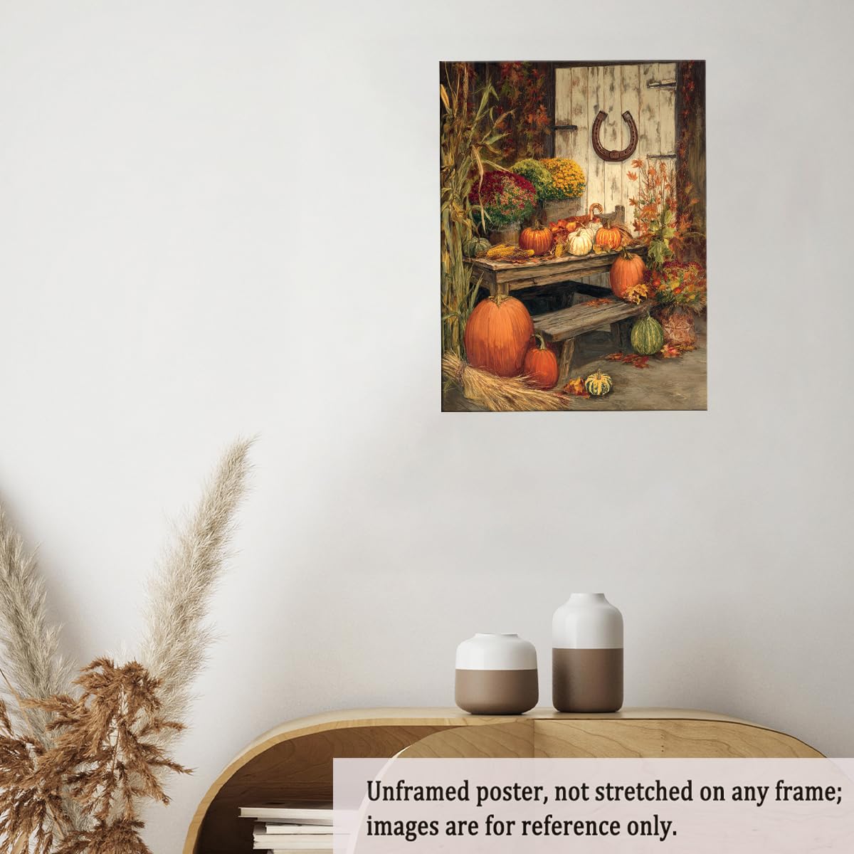 Rustic Harvest Porch Wall Art – Autumn Pumpkin and Corn Still Life Canvas Print with Flowers and Horseshoe Barn Door for Farmhouse Fall Decor 12x16in Unframed Generic