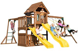 Swing-N-Slide WS 8356 Wooden Timberview Play Set with Two Slides, Monkey Bars, Wood Roof, Climbing Wall and Swings, Wood , Brown Swing-N-Slide