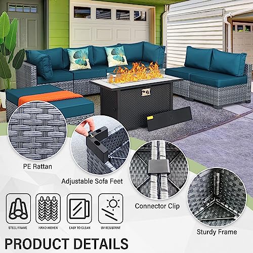 WAROOM Patio Furniture Set 9 Piece Gray Rattan Outdoor Sectional Sofa PE Wicker Couch Conversation sets with 45" Propane Fire Pit Table and Non-Slip 5" Thick Peacock Blue Cushion WAROOM