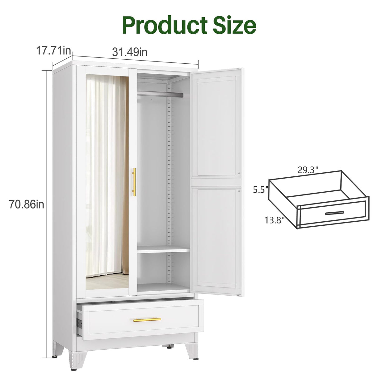 winiowa Metal Armoire Wardrobe Closet with Drawer, 71" Wardrobe Cabinet with Adjustable Shelves and Hanging Rod, Clothing Storage Cabinet Closet with Mirror for Bedroom-White winiowa