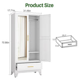 winiowa Metal Armoire Wardrobe Closet with Drawer, 71" Wardrobe Cabinet with Adjustable Shelves and Hanging Rod, Clothing Storage Cabinet Closet with Mirror for Bedroom-White winiowa