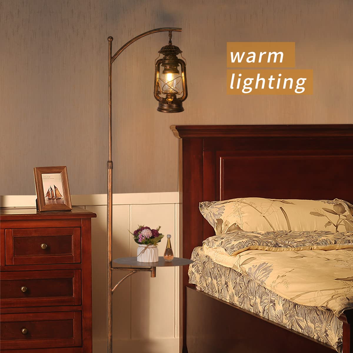 beaysyty Farmhouse Adjustable Floor Lamps with Tray Lantern Tall Standing lamp for Bedroom Home Decor for Office Cafe Den Living Room Bedroom, On/Off Foot Switch and Brushed Rustic (Red Copper) beaysyty