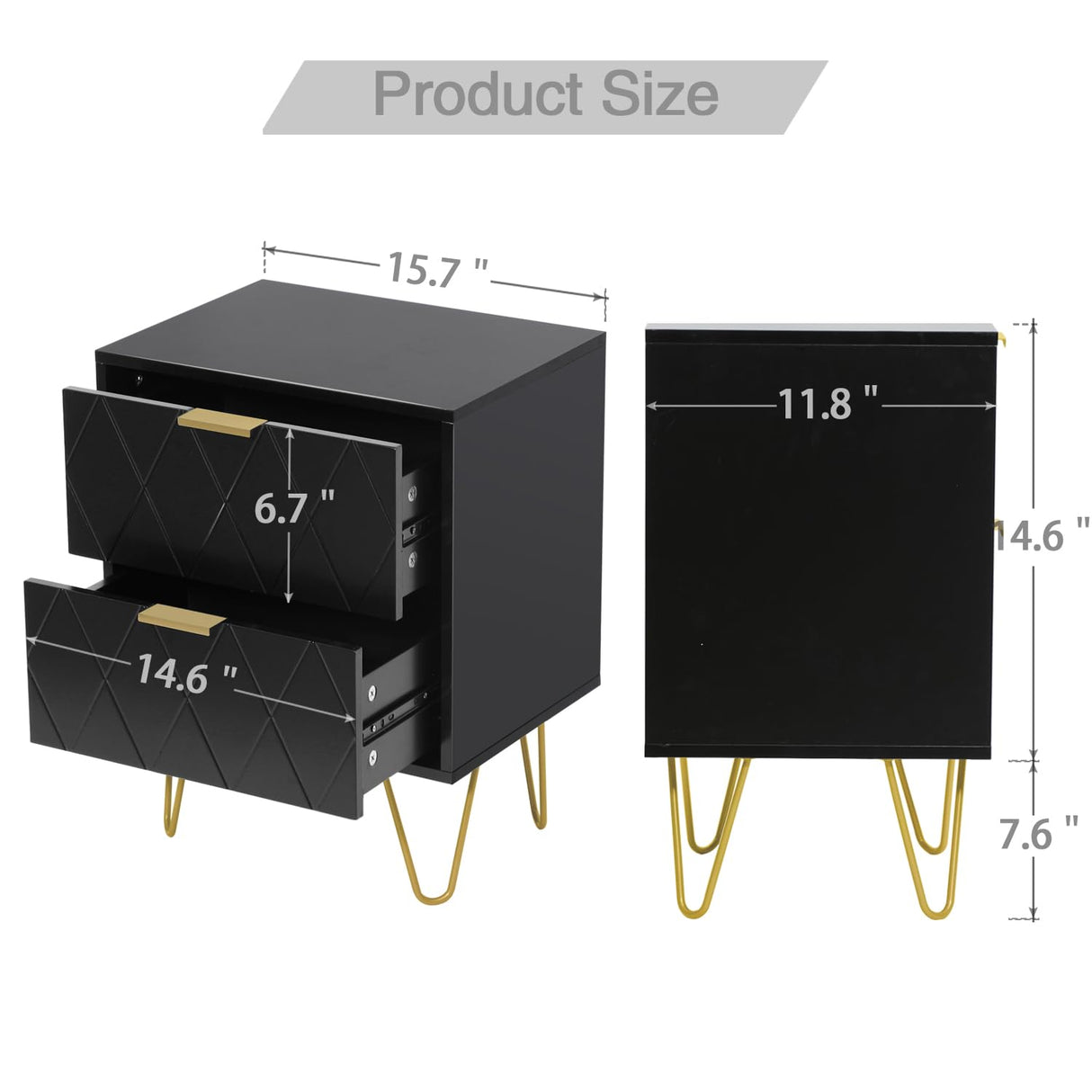 Anbuy Black Nightstand Set of 2 with Gold Handle, Bedside Table with 2 Drawers, Night Stands Set of 2 Gold Legs for Bedroom Living Room Anbuy