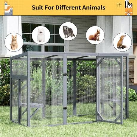 Outdoor Cat Catio House, Wooden Cat Habits with 3 Platforms, Lockable Doors, Top PC Sun Roof, Patio Yard Window Enclosures, Weatherproof, Gray Nyeekoy