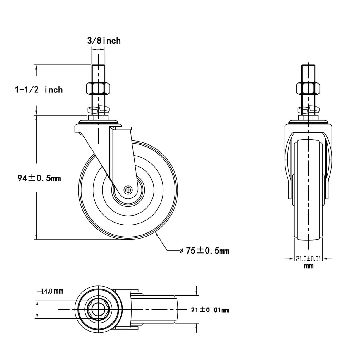 Finnhomy Caster Wheels 3 Inch Set of 4 Heavy Duty Threaded Stem Casters 3/8"-16 x 1-1/2" Swivel Rubber Industrial Castors Premium Wheels for Wire Shelving/Furniture/Carts Load Bearing 720 Lbs Gray Finnhomy