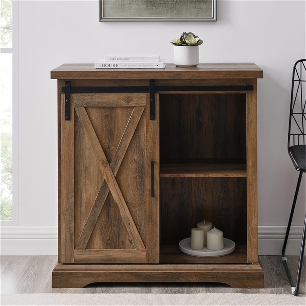 Walker Edison Abbey Modern Farmhouse Sliding X Barn Door Accent Console, 32 Inch, Rustic Oak