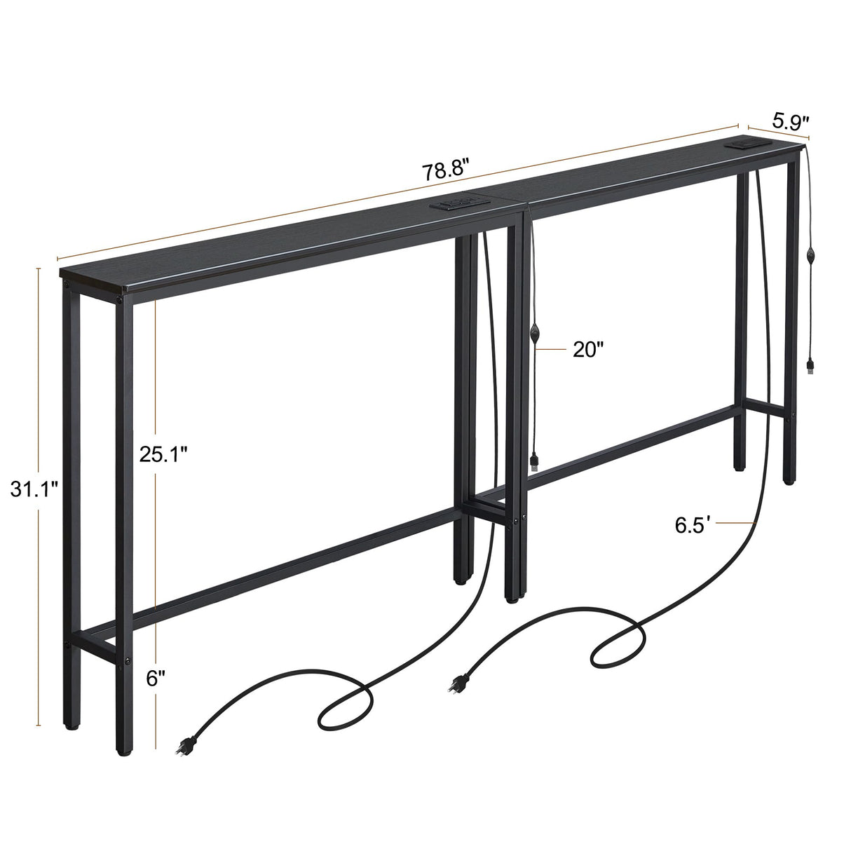 ELYKEN 2 Pack 5.9" Narrow Console Sofa Table with 7 Colors LED Light Strip, 5.9" Dx39.4”Wx31.1”H Long Behind Couch Table with Charge Station, Skinny Table Metal Frame 6.5’ Extension Cord ELYKEN