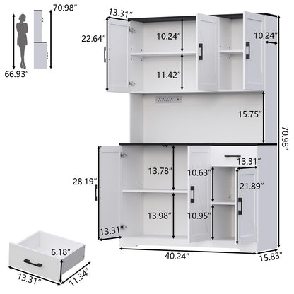 71’’ Farmhouse Kitchen Pantry Cabinet, Tall Kitchen Storage Cabinet with Power Outlet, Freestanding Kitchen Hutch Cabinet with Drawer, 4 Adjustable Shelf & 6 Doors for Kitchen Living Room (White)