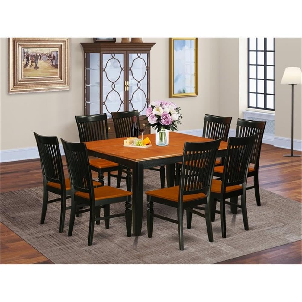 East West Furniture PFWE9-BCH-W 9 Piece Dining Table Set Includes a Square Dining Room Table with Butterfly Leaf and 8 Wood Seat Chairs, 54x54 Inch, Black & Cherry East West Furniture