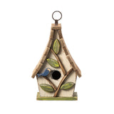 Glitzhome 9.5" H Hanging Bird House Distressed Solid Wood Decorative Outdoor Garden Birdhouse with Natural Wood Pallet Roof and 3D Tree,Washed White Glitzhome