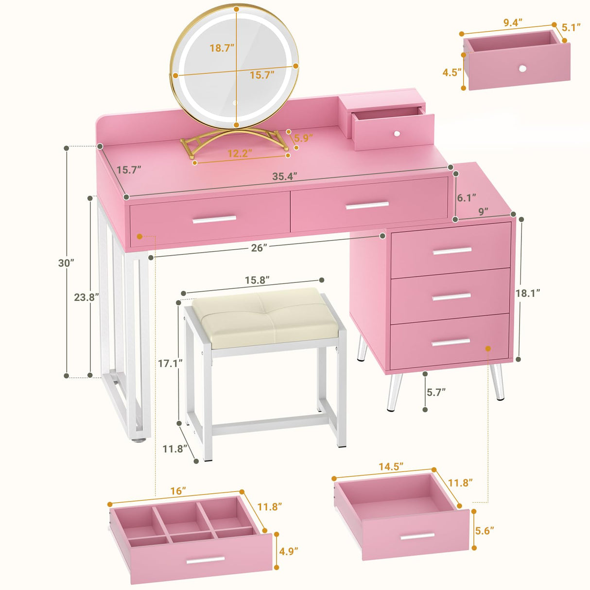 Pink Vanity Desk with Mirror and Lights, Modern Makeup Vanity Table Set with 6 Storage Drawers and Cushioned Stool for Bedroom, Dressing Table with Divided Organizers for Women Girls, Pink armocity