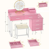 Pink Vanity Desk with Mirror and Lights, Modern Makeup Vanity Table Set with 6 Storage Drawers and Cushioned Stool for Bedroom, Dressing Table with Divided Organizers for Women Girls, Pink armocity